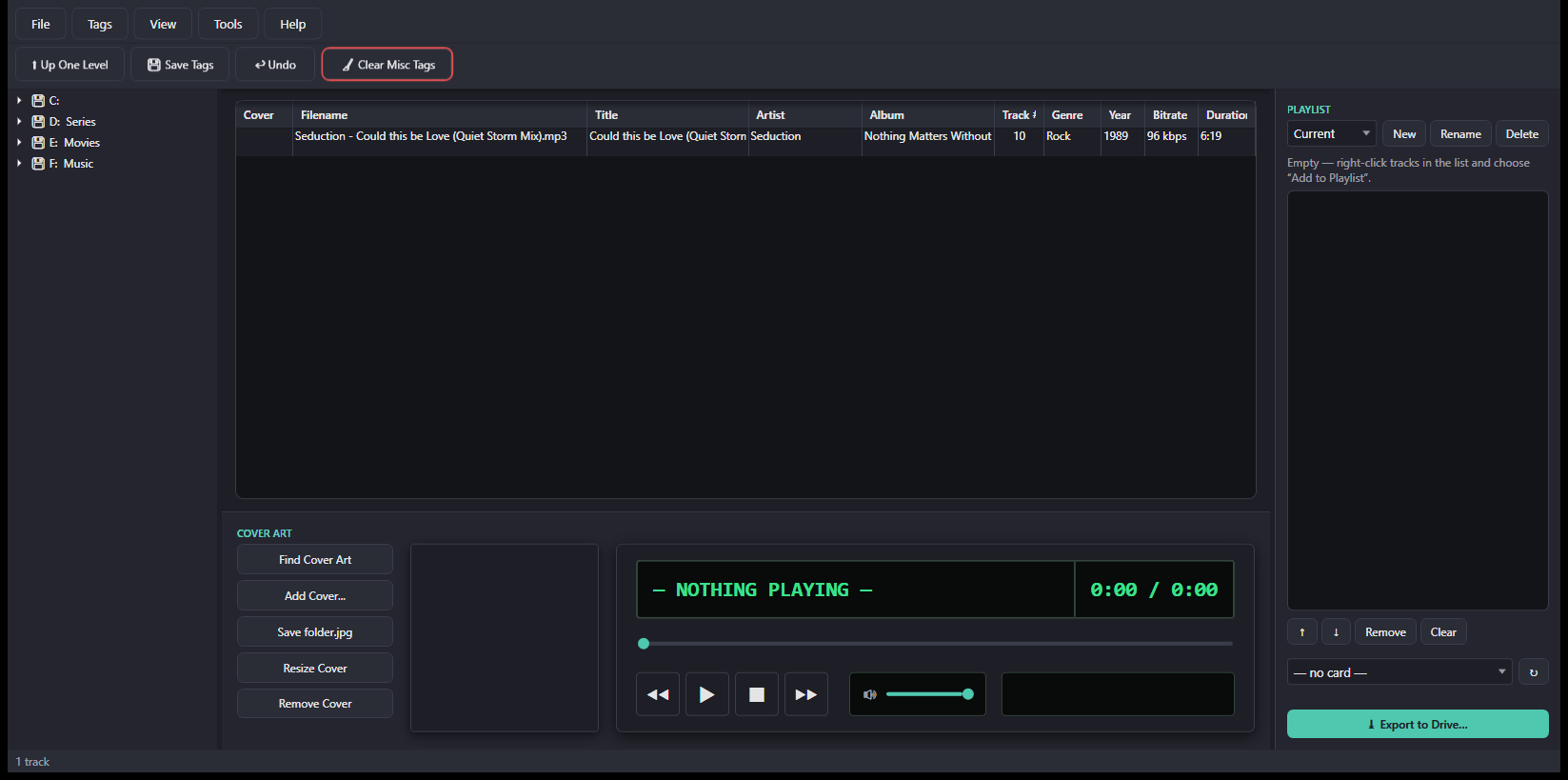 TuneATag main window: folder tree on the left, a tag table in the middle, cover art tools and a music player below, and a playlist panel on the right